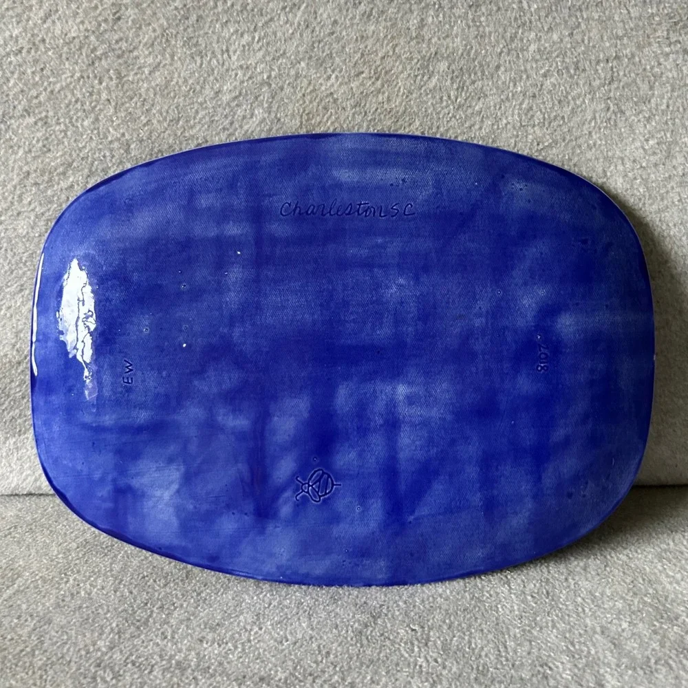Handmade Charleston Pottery Platter Lace Impressed Blue Cobalt 2018‎ Bee Mark
